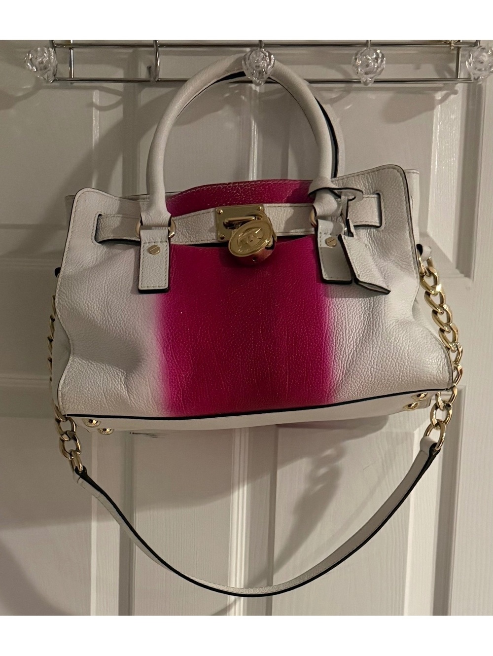 Michael Kors White and Pink Leather Satchel Handbag with Gold Hardware